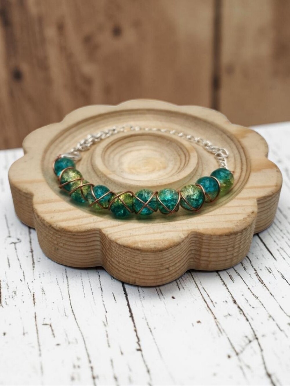 Handmade Wire-wrapped Adjustable Blue and Green Beaded Bracelet